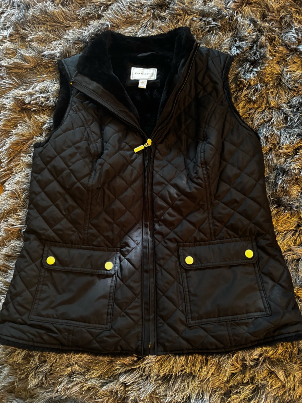 Charter Club Black Quilted Vest with Yellow Accents